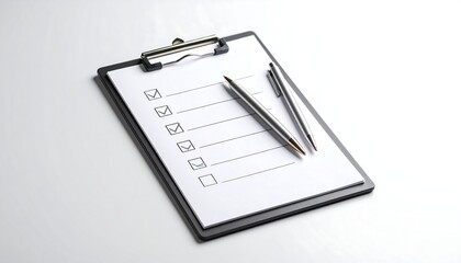 Clipboard with checklist and two pens on a white surface