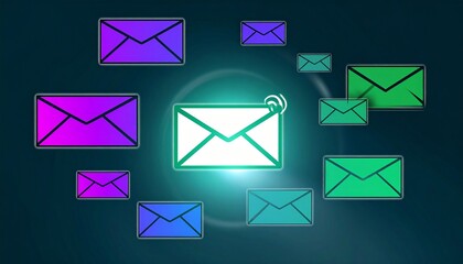 Glowing central email icon with notification, surrounded by colorful envelopes on dark background.
