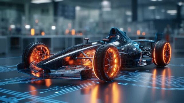 Futuristic Formula One race car with glowing wheels on a technological circuit background