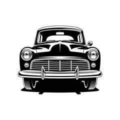 Front View Black and White Monochrome Vector Illustration of a Vintage European Small Car, Featuring Classic Headlights and Chrome Bumper, Isolated on White