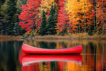 Red canoe and golden trees reflected in water