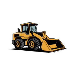 illustration of a yellow wheel loader or front-end loader construction vehicle with a large scoop or bucket