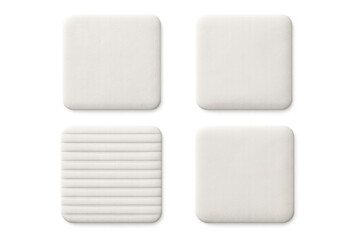 Soft white neumorphic square buttons featuring clean lines, creating minimalist user interface design against transparent background