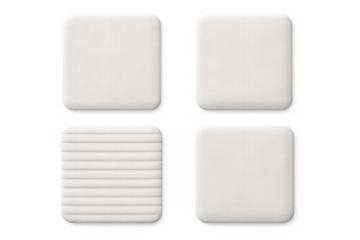 Soft white neumorphic square buttons featuring clean lines, creating minimalist user interface design against transparent background