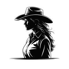 portrait of a cowgirl in profile, wearing a classic western hat with long, flowing hair