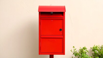 Red mailbox with dual compartments and slanted top, mounted on post against light wall with greenery.