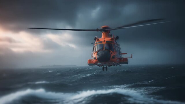 Coastal rescue helicopter on a crucial mission hovering over the turbulent ocean waters