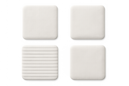 Soft white neumorphic square buttons featuring clean lines, creating minimalist user interface design against transparent background