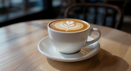 Latte Art Coffee in White Cup on Cafe Table