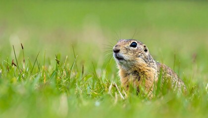 Curious Ground Squirrel Peeking From Green Grass with Wildlife Portrait, and Springtime.