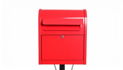 Red mailbox with dual compartments and slanted top, mounted on post against light wall with greenery.