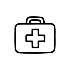 Obraz premium Simple black line icon of a first aid kit with a cross. Ideal for emergency care, rescue, medical treatment, and healthcare concepts. Isolated vector illustration on white background.