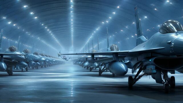 Strategic Airpower: Rows of Fighter Jets Displayed Inside a Modern Military Hangar