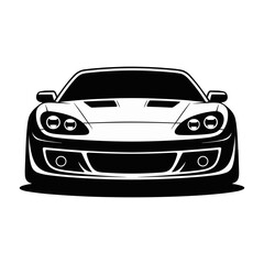 Front View Silhouette of a Modern Sports Car, a Bold and Minimalist Vector Illustration in Black and White, Perfect for Automotive, Speed, and Racing Themes