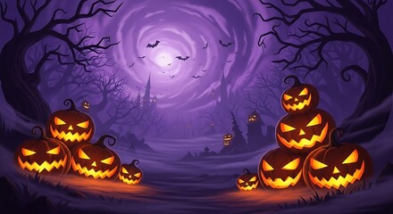 Fototapeta premium Spooky Halloween Night Scene Glowing Jack-o'-lanterns, Haunted Castle, and Bats in a Purple Mystical Forest.