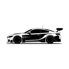 Racing or drifting sports coupe car with wide body kit, black and white vector illustration