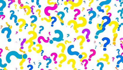 Colorful question marks scattered across white background