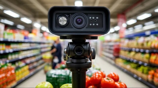 A close-up of a surveillance camera in a grocery store. 
