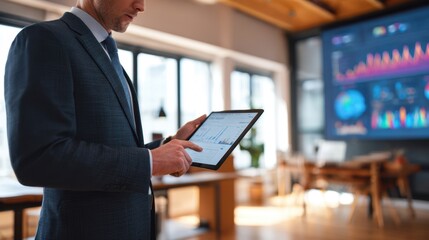 The business professional analyzing data on a tablet in a modern office.