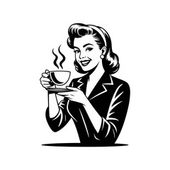 Smiling retro woman with coffee cup, vintage pin-up girl black and white drawing