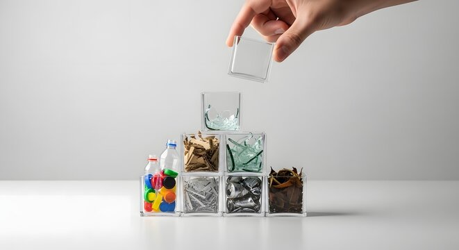 Hand building a pyramid with glass cubes filled with sorted waste like plastic and glass, illustrating recycling and waste management for a sustainable future