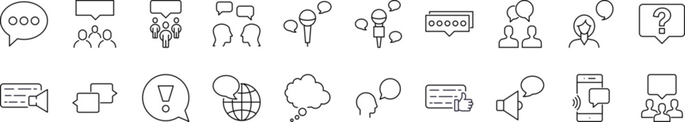 Talking Outline Simple Icons Bundle. Contains Icons of Speech Bubble with Globe, Microphone for Graphics, Concept, Apps