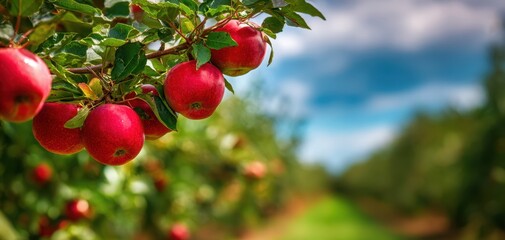 Obraz premium The vibrant red apples hanging in a lush orchard under a blue sky.