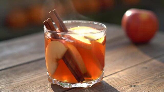 Hot spiced apple cider with cinnamon sticks in a clear glass outdoors