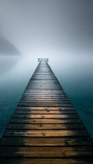 Obraz premium Serene Atmosphere Misty Lake with Reflections Surrounding an Old Wooden Pier in Teal Waters