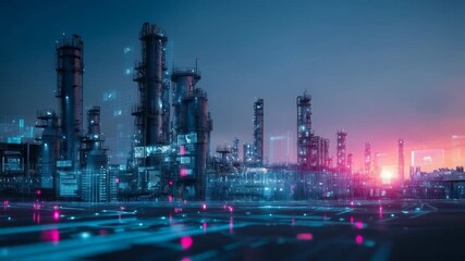 Futuristic industrial complex at night with digital interface, showcasing technology, energy and innovation