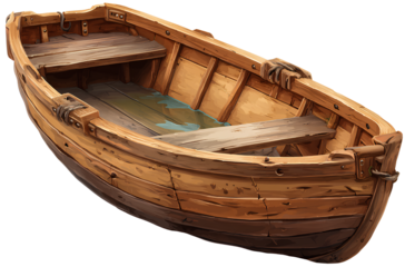 A wooden boat with oars, cartoon style, game icon, transparent background PNG format. Isolated on white. The boat is made of wood and has two quards in it.