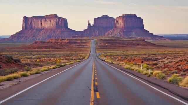 Scenic view of a long road leading to iconic rock formations at sunset in a desert landscape