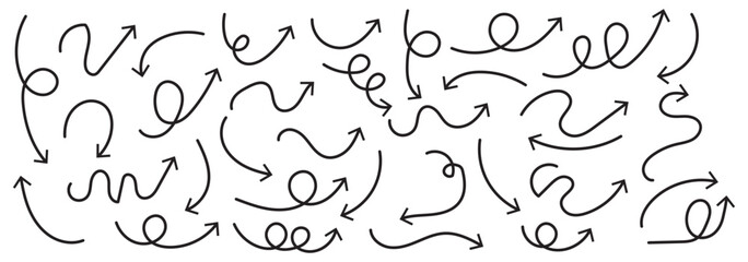 set of black thin line curve arrow. hand drawn direction arrow vector illustration