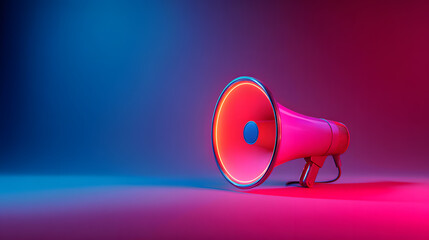 A vibrant pink megaphone illuminated by blue and red neon lights, symbolizing modern communication, marketing announcements, and public alerts.