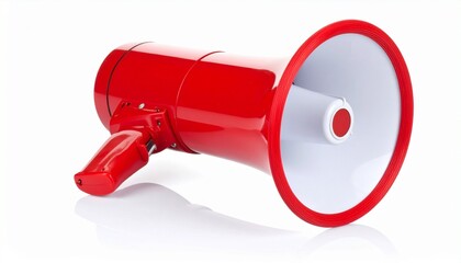 Red megaphone facing forward on white surface, bold and communicative.
