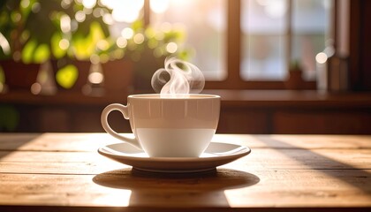 Fototapeta premium a cup of hot coffee on the wooden table with plants around it in the morning.