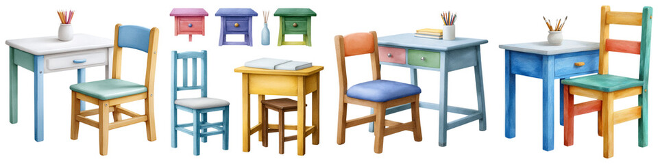 Fototapeta premium Colorful school supplies for STEAM, A collection of colorful furniture pieces, including tables and chairs, showcasing various designs and vibrant hues.