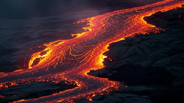River of molten lava flowing in a dark landscape depicting volcanic activity, suitable for geology, natural disasters, science, and environmentthemed designs.