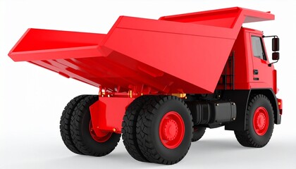 Obraz premium Red dump truck with raised bed and six rugged wheels, isolated on white.