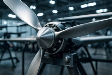Airplane propeller undergoing maintenance in a hangar