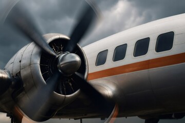 Propeller spinning on vintage airplane engine under cloudy sky