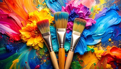 Colorful paintbrushes and flowers on a palette