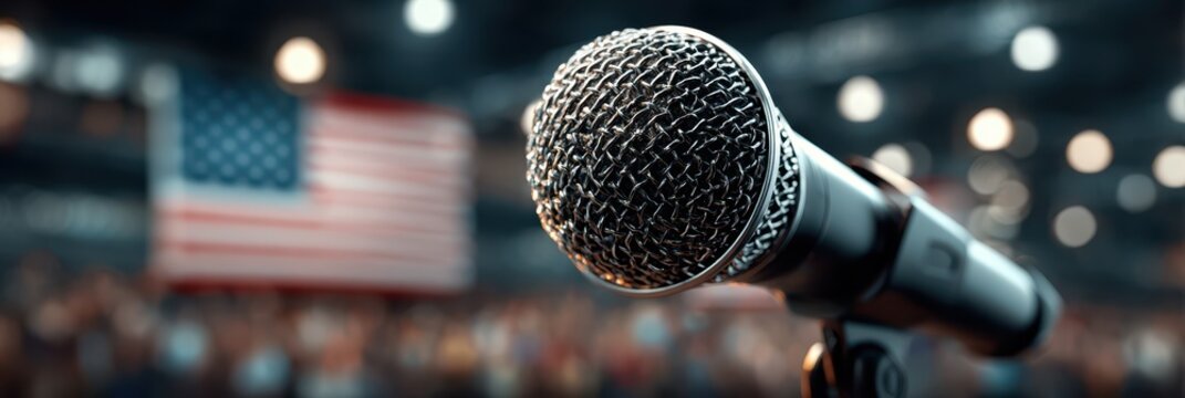 Public speaking microphone in front of a blurred audience with an American flag backdrop during an event