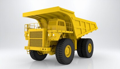 Yellow dump truck with six wheels, heavy-duty industrial design, isolated on white.