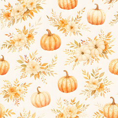 Watercolor Fall Pumpkin and Flower Seamless Pattern for Thanksgiving Decor