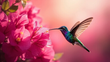 Vivid Nature Moment with Hummingbird and Bougainvillea
