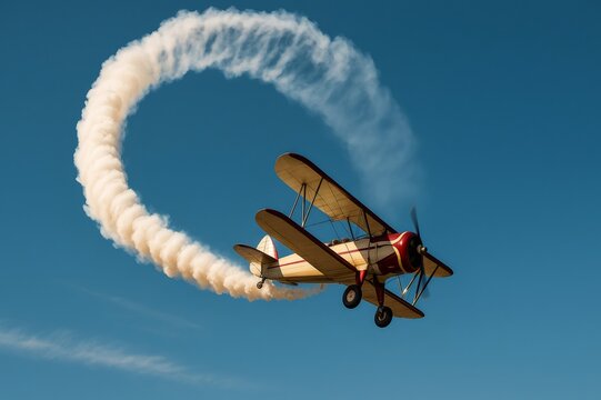 Biplane performing aerobatics, drawing a circle in the sky