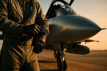 Pilot adjusting watch standing near Saab JAS 39 Gripen at sunset