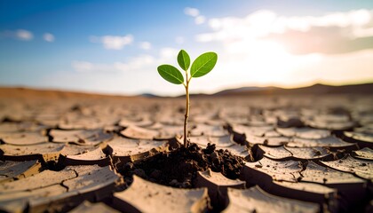 A sprout growing in barren dry soil.