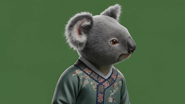 Cute Koala Character Wearing Traditional Clothing Looking Curiously at Camera